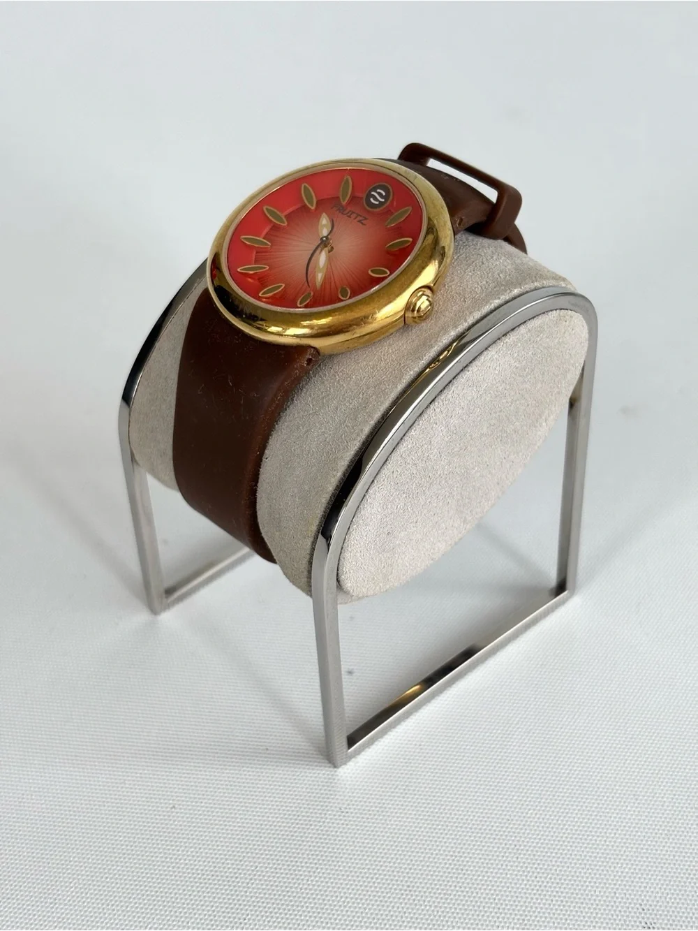 Philip Stain Fruitz wrist watchRed Dial Gold-Tone Fashion Watch with Brown Strap